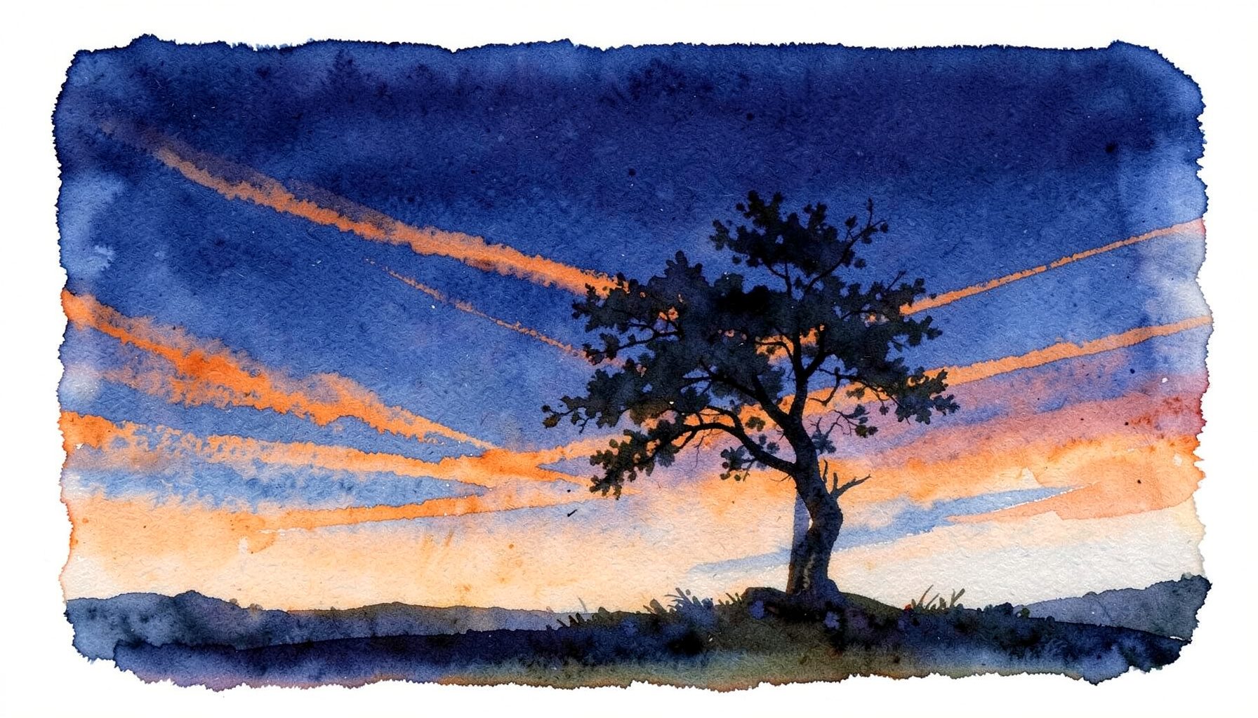 Paysage nocturne à l'aquarelle : un ciel profond bleu nuit traversé de traînées orangées, une silhouette d'arbre solitaire penché par le vent, évoquant la mélancolie et l'inspiration.