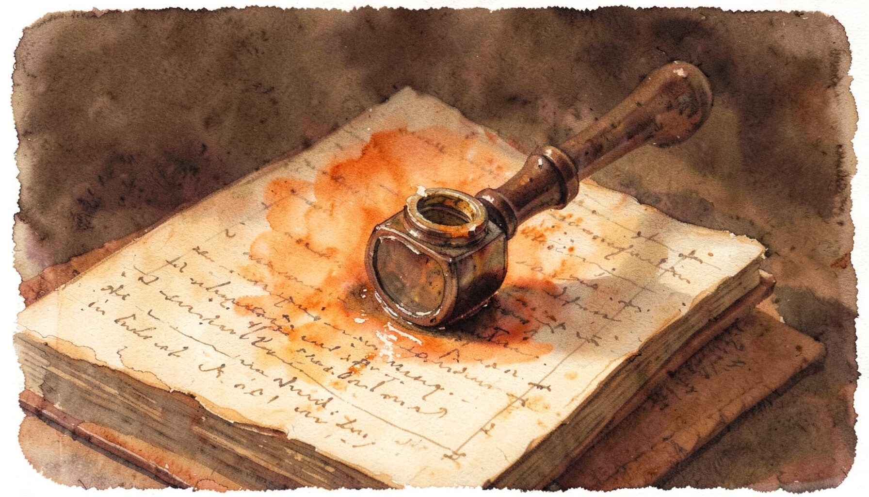 Plume ancienne trempée dans un encrier, posée sur un manuscrit aux bords jaunis, dans une lumière tamisée aux tons sépia et brun profond.