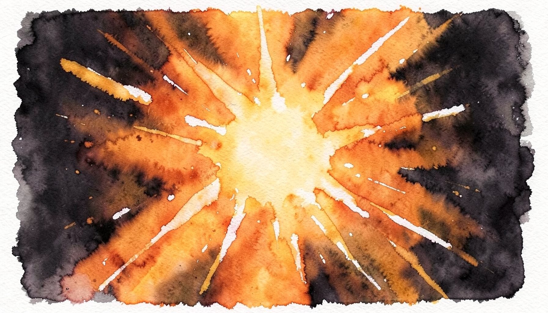 Toile abstraite aux tons chauds — orange brûlé, ocre et touches de blanc — évoquant une explosion créatrice, comme une coulée de peinture instinctive sur fond sombre.