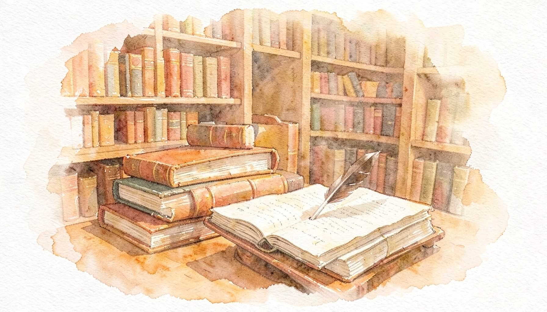Une peinture à l'aquarelle douce représentant une bibliothèque ancienne aux tons sépia et or, avec des livres ouverts empilés et une plume posée sur un manuscrit, dans une atmosphère tamisée et chaleureuse.