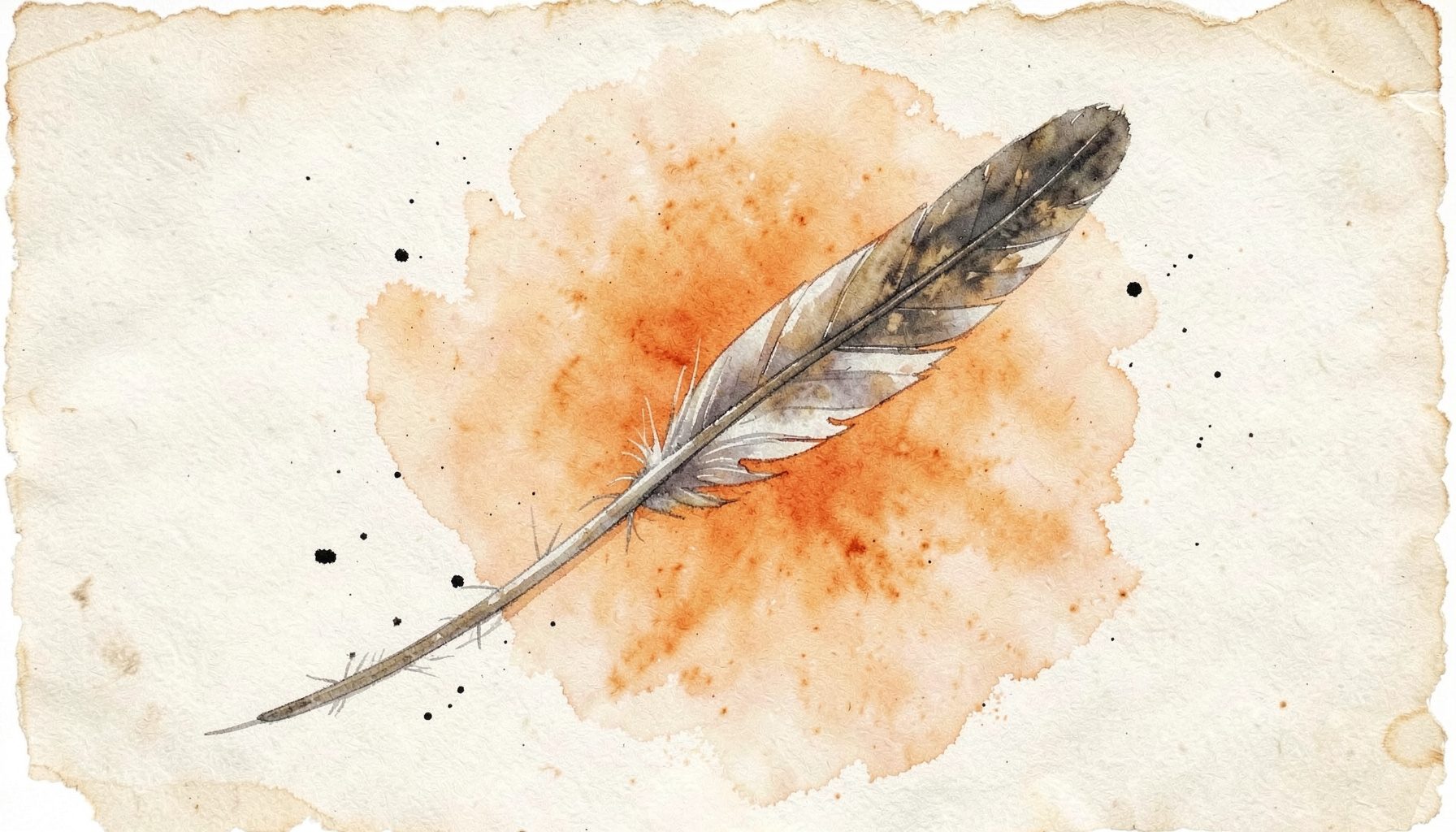 Plume d'oie ancienne posée en diagonale sur un fond de papier vieilli aux tons sépia et crème, quelques gouttes d'encre noire éparpillées, ambiance douce et studieuse.