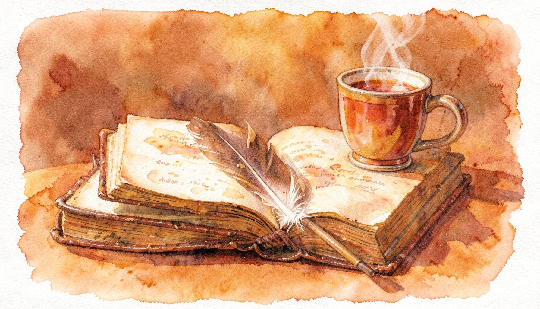 Une nature morte à l'aquarelle dans des tons chauds de brun, ocre et orange brûlé : un vieux livre ouvert aux pages jaunies, une plume d'oie posée en travers, et une tasse de thé fumante, le tout baigné d'une lumière douce et tamisée.