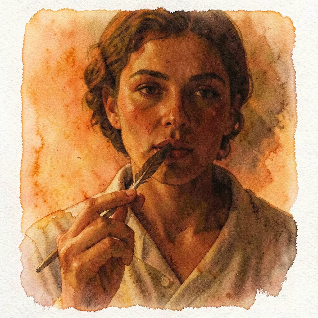 Portrait en clair-obscur aux tons chauds ambrés et terre de Sienne, visage partiellement dans l'ombre, une plume tenue près des lèvres, ambiance intime et contemplative