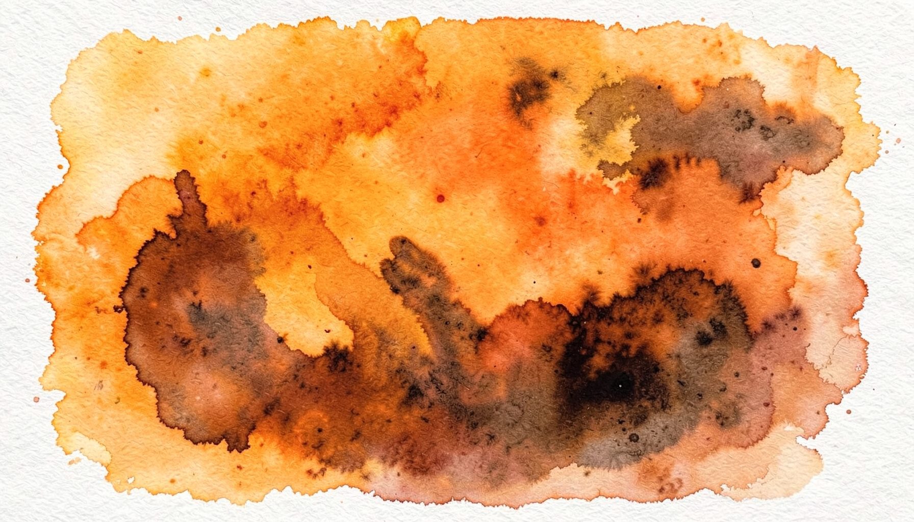 Une aquarelle abstraite aux tons chauds — orange brûlé, ocre et brun profond — avec des coulures et éclaboussures évoquant un geste spontané et une émotion brute.