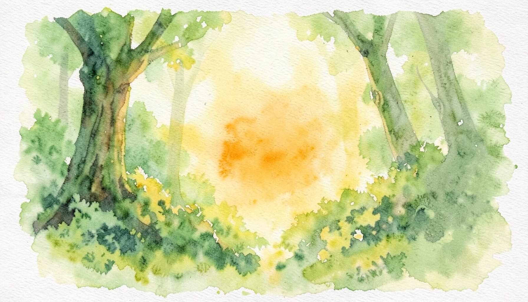Peinture aux verts mousseux et jaunes pâles, comme un sous-bois au petit matin, frais et vibrant de vie discrète.