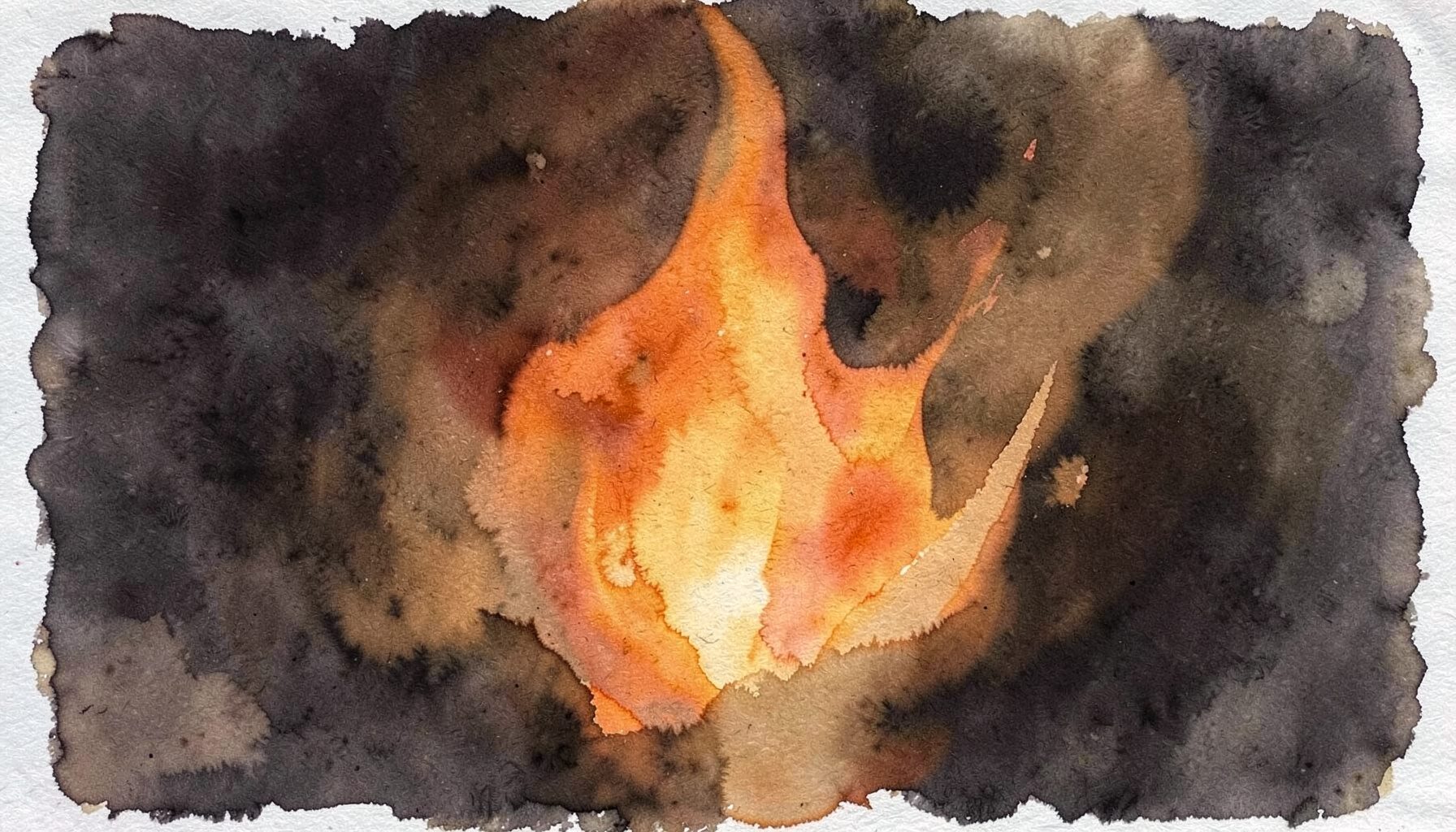 Peinture abstraite aux tons chauds — orangés, ocres et bruns — évoquant une flamme intérieure qui danse sur un fond sombre.