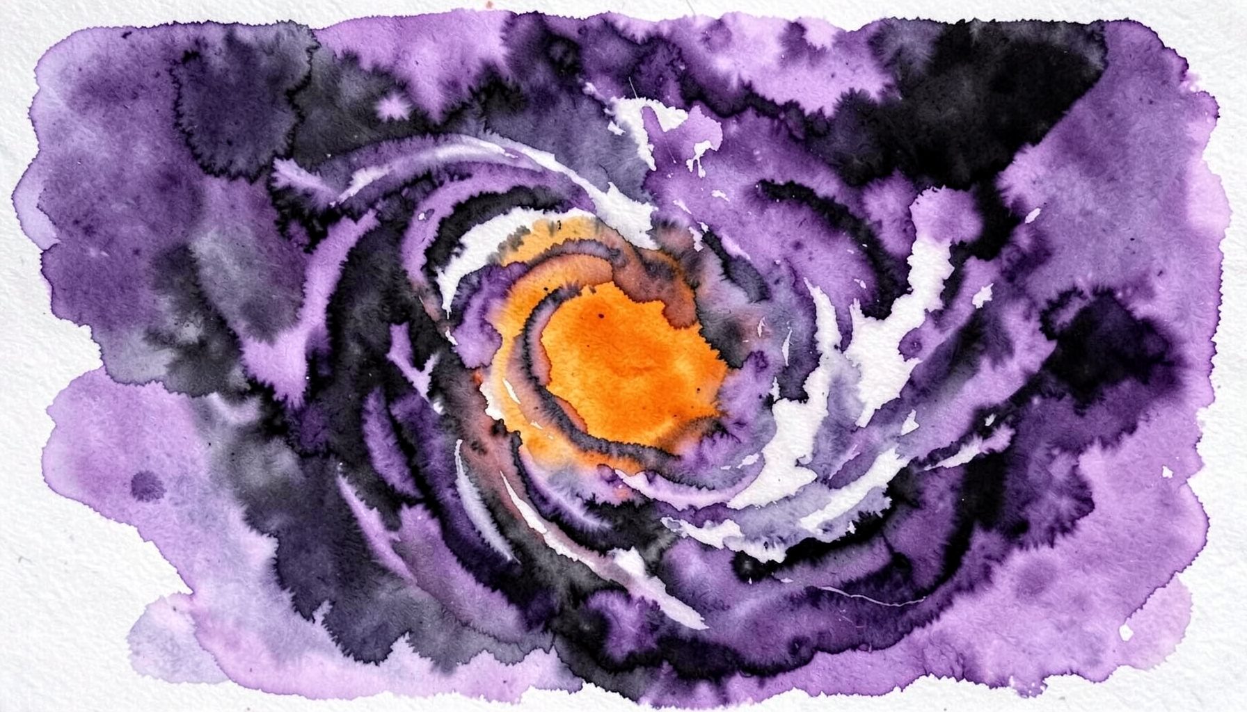 Composition tourbillonnante de violet, noir et blanc, évoquant une tempête intérieure qui se déchaîne.
