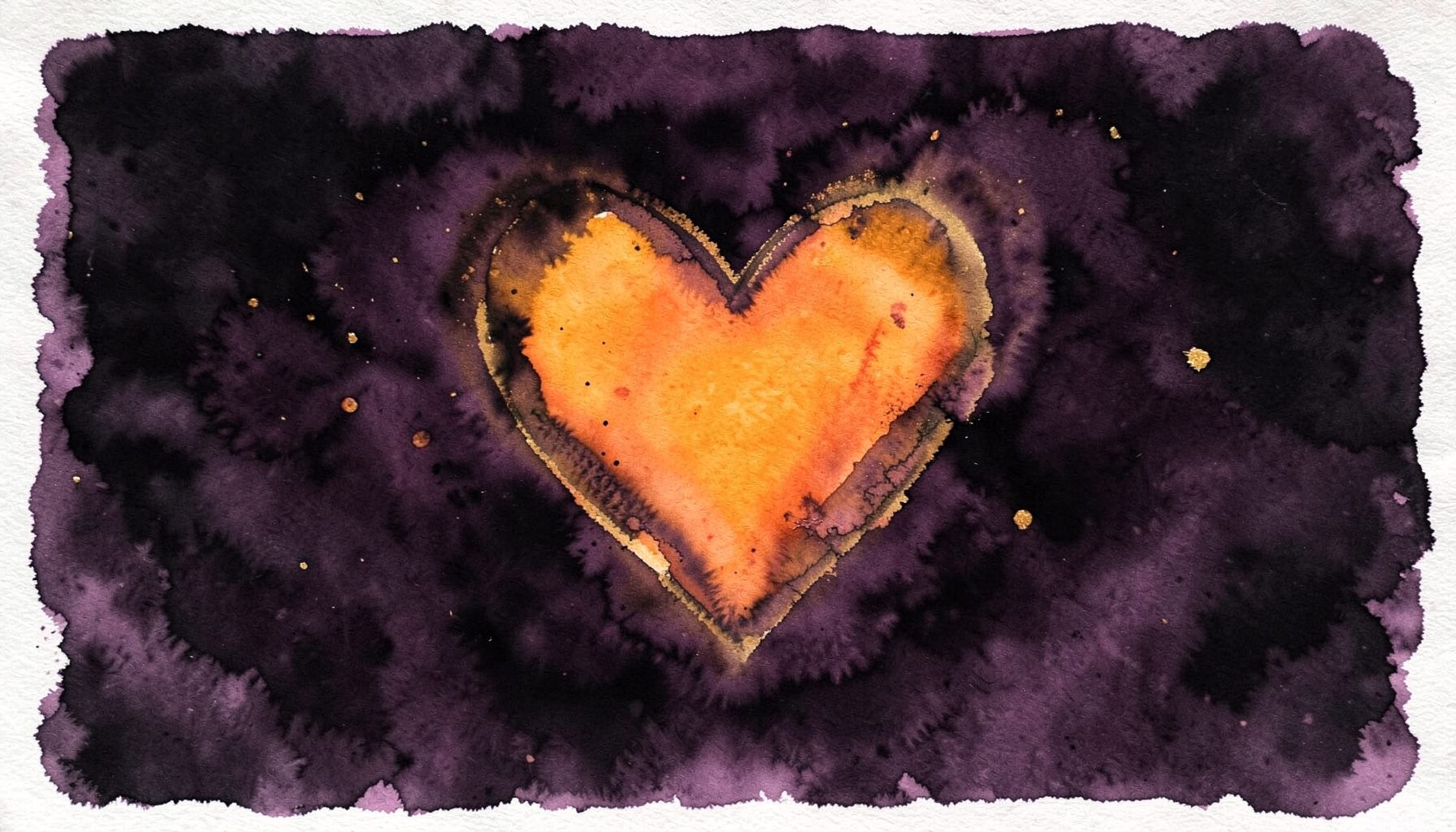 Peinture abstraite aux tons profonds de pourpre, noir et or, évoquant un cœur partagé entre lumière et ombre, coulures et éclaboussures expressives sur fond sombre