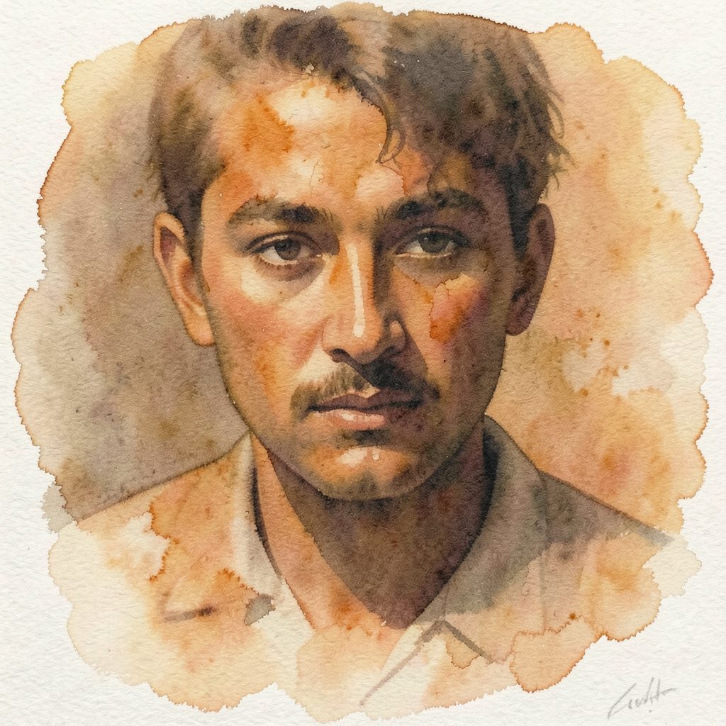 Un portrait à l'aquarelle douce dans des tons terreux et ambrés, le visage partiellement dans l'ombre, évoquant l'introspection et la sensibilité poétique.